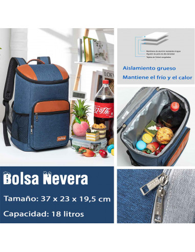 Tradineur - Mochila nevera térmica de tela porta alimentos con bolsillos, asa y correas ajustables, picnic, playa, camping (18 l