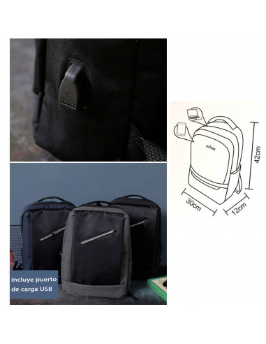 Tradineur - Mochila de tela para portátil con puerto de carga USB y cable USB, trabajo, estudiantes, viaje, 42 x 30 x 12 cm, col