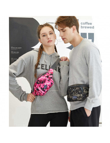 Tradineur - Riñonera sport unisex, diseño camuflaje, poliéster, 5 bolsillos con cremallera y correa ajustable, senderismo, 33 x