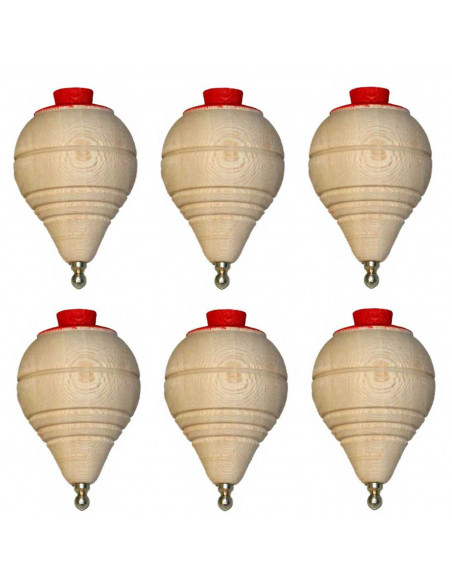 Tradineur - Pack de 6 peonzas de madera con cuerda y punta metálica, trompos, pirindolas, spinners, regalos para niños, cumpleañ