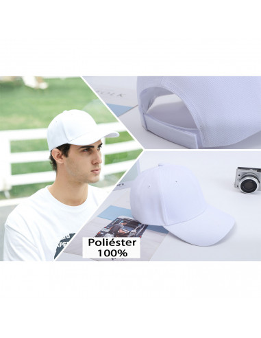 Tradineur - Gorra de adulto clásica con ajuste posterior de velcro, 100% poliéster, accesorio deporte, skate, aire libre (Blanco