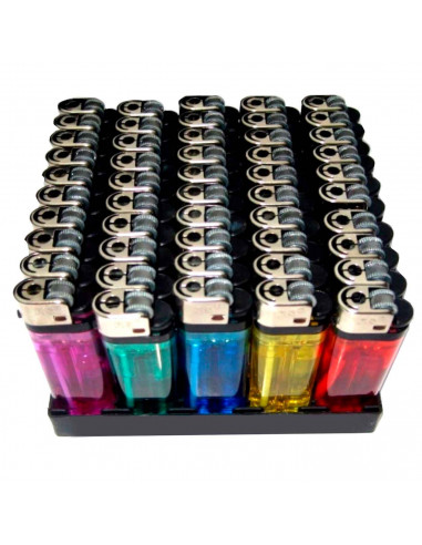 Tradineur - Caja de Mecheros - 50 Unidades - Mecheros, Encendedores - Desechables - Diversos colores - Rueda de fricción.