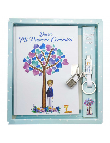 Tradineur - Diario de Primera Comunión con conector datos de carga, diseño de árbol, tapa dura, incluye candado, regalo original