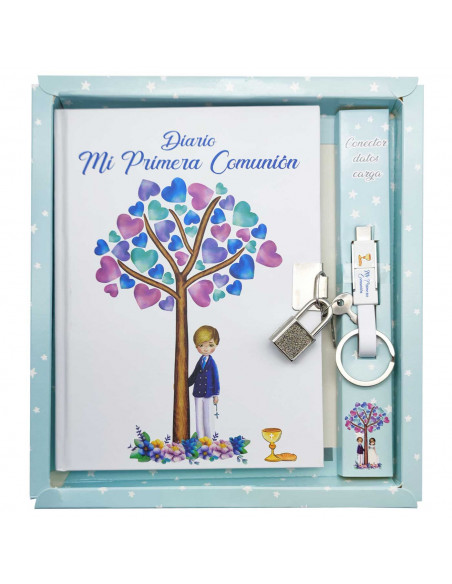 Tradineur - Diario de Primera Comunión con conector datos de carga, diseño de árbol, tapa dura, incluye candado, regalo original