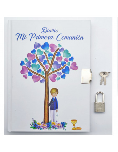 Tradineur - Diario de Primera Comunión con conector datos de carga, diseño de árbol, tapa dura, incluye candado, regalo original