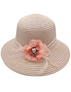 Tradineur - Sombrero de mujer con flor, paja flexible, ala ancha y goma de barbilla, protección solar, playa, piscina, aire libr