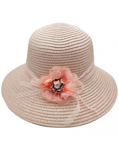 Tradineur - Sombrero de mujer con flor, paja flexible, ala ancha y goma de barbilla, protección solar, playa, piscina, aire libr