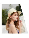 Tradineur - Sombrero de mujer con flor, paja flexible, ala ancha y goma de barbilla, protección solar, playa, piscina, aire libr