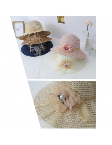 Tradineur - Sombrero de mujer con flor, paja flexible, ala ancha y goma de barbilla, protección solar, playa, piscina, aire libr
