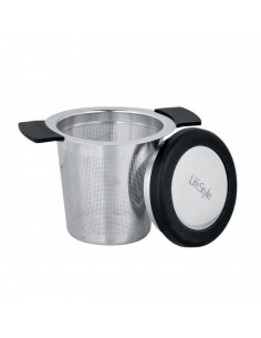 Tradineur - Filtro para infusiones de acero inoxidable con tapa/soporte y asas 7 cm, colador para té suelto, manzanilla, infusor
