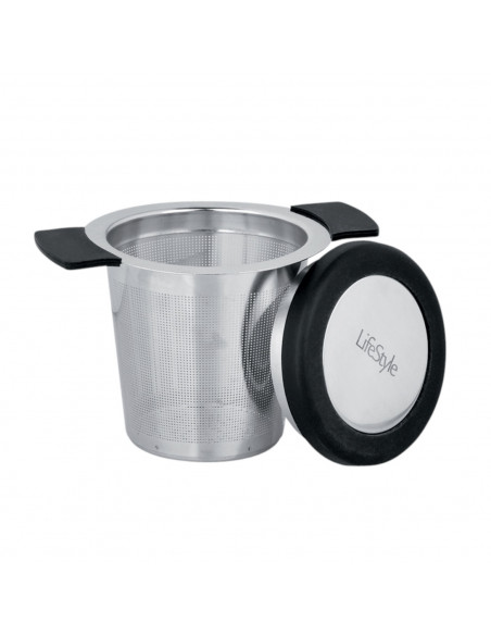 Tradineur - Filtro para infusiones de acero inoxidable con tapa/soporte y asas 7 cm, colador para té suelto, manzanilla, infusor