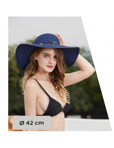 Tradineur - Sombrero de mujer con gemas, paja flexible, ala ancha y goma de barbilla, protección solar, playa, piscina, aire lib