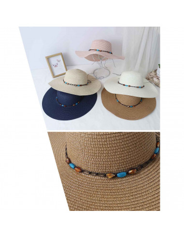 Tradineur - Sombrero de mujer con gemas, paja flexible, ala ancha y goma de barbilla, protección solar, playa, piscina, aire lib