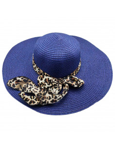 Tradineur - Sombrero de mujer con cinta estampado de leopardo, paja flexible, ala ancha y goma de barbilla, protección solar, pl