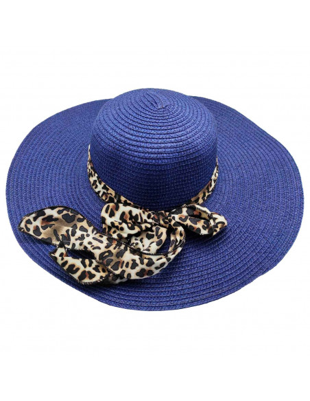 Tradineur - Sombrero de mujer con cinta estampado de leopardo, paja flexible, ala ancha y goma de barbilla, protección solar, pl
