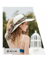 Tradineur - Sombrero de mujer con cinta estampado de leopardo, paja flexible, ala ancha y goma de barbilla, protección solar, pl