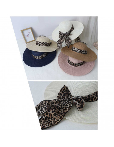 Tradineur - Sombrero de mujer con cinta estampado de leopardo, paja flexible, ala ancha y goma de barbilla, protección solar, pl