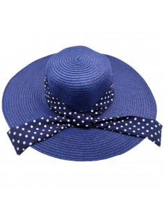 Tradineur - Sombrero de mujer con cinta de lunares, paja flexible, ala ancha y goma de barbilla, protección solar, playa, aire l