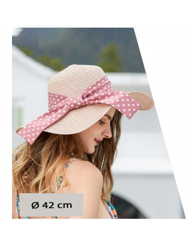 Tradineur - Sombrero de mujer con cinta de lunares, paja flexible, ala ancha y goma de barbilla, protección solar, playa, aire l