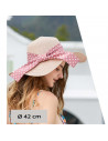 Tradineur - Sombrero de mujer con cinta de lunares, paja flexible, ala ancha y goma de barbilla, protección solar, playa, aire l