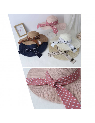 Tradineur - Sombrero de mujer con cinta de lunares, paja flexible, ala ancha y goma de barbilla, protección solar, playa, aire l