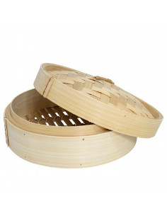 Tradineur - Vaporera de bambú con tapa, cesta de vapor para dim sum, arroz, verduras, carne, recipiente tradicional para cocción