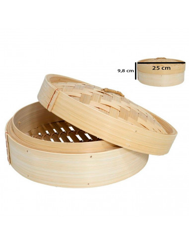 Tradineur - Vaporera de bambú con tapa, cesta de vapor para dim sum, arroz, verduras, carne, recipiente tradicional para cocción
