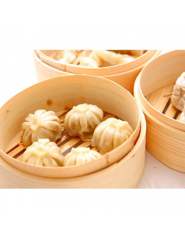 Tradineur - Vaporera de bambú con tapa, cesta de vapor para dim sum, arroz, verduras, carne, recipiente tradicional para cocción