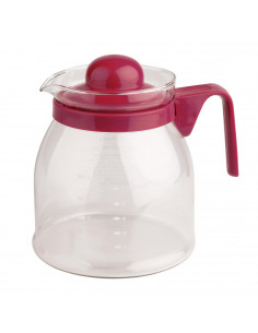 Jarra vidrio para microondas1.200  ml, Tetera cristal con tapa 2 colores verde y morado dimensiones 14 x 13 x 16 cm.