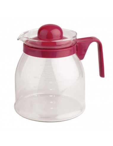 Jarra vidrio para microondas1.200  ml, Tetera cristal con tapa 2 colores verde y morado dimensiones 14 x 13 x 16 cm.