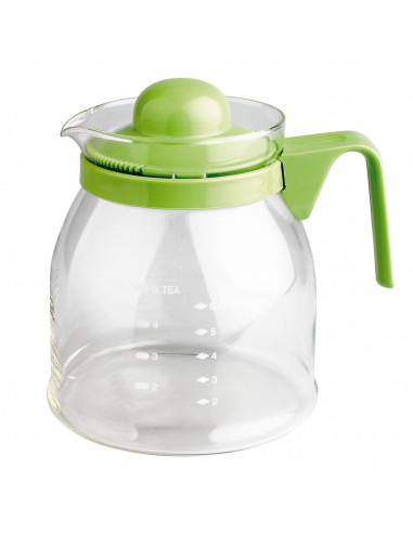 Jarra vidrio para microondas1.200  ml, Tetera cristal con tapa 2 colores verde y morado dimensiones 14 x 13 x 16 cm.