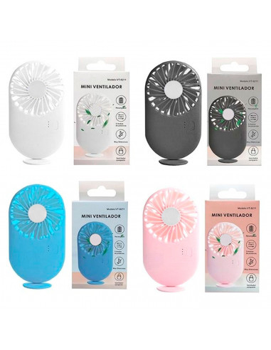 Tradineur - Mini ventilador portátil recargable con soporte, ventilador de mano, 3 velocidades, silencioso, diseño compacto, 13,