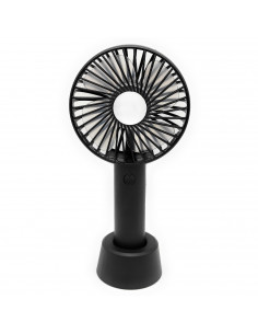 Tradineur - Mini ventilador recargable portátil con base, ventilador de mano, 3 velocidades, silencioso, diseño compacto, 21,5 x