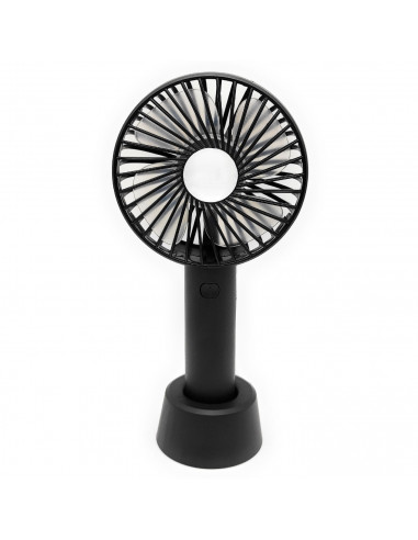 Tradineur - Mini ventilador recargable portátil con base, ventilador de mano, 3 velocidades, silencioso, diseño compacto, 21,5 x
