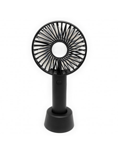 Tradineur - Mini ventilador recargable portátil con base, ventilador de mano, 3 velocidades, silencioso, diseño compacto, 21,5 x