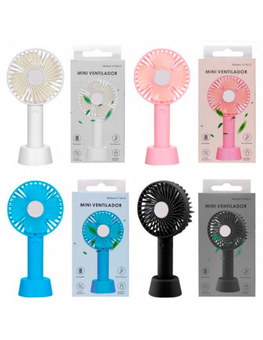 Tradineur - Mini ventilador recargable portátil con base, ventilador de mano, 3 velocidades, silencioso, diseño compacto, 21,5 x