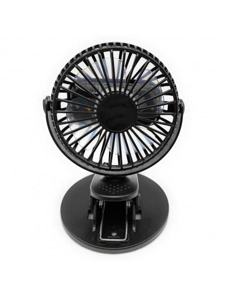Tradineur - Mini ventilador recargable portátil con pinza, rotación 360º, 3 velocidades, silencioso, diseño compacto, 22 x 10,5