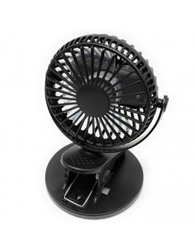 Tradineur - Mini ventilador recargable portátil con pinza, rotación 360º, 3 velocidades, silencioso, diseño compacto, 22 x 10,5
