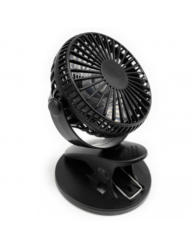 Tradineur - Mini ventilador recargable portátil con pinza, rotación 360º, 3 velocidades, silencioso, diseño compacto, 22 x 10,5