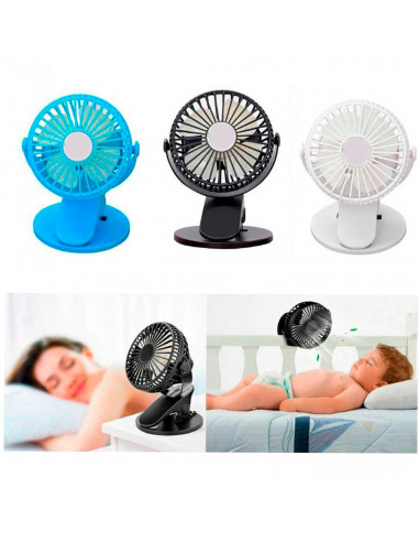 Tradineur - Mini ventilador recargable portátil con pinza, rotación 360º, 3 velocidades, silencioso, diseño compacto, 22 x 10,5