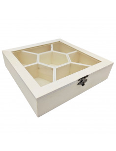 Tradineur - Caja de madera con 7 compartimentos y tapa con cristal, hexágono central, expositor de joyas, organizador, joyero, c