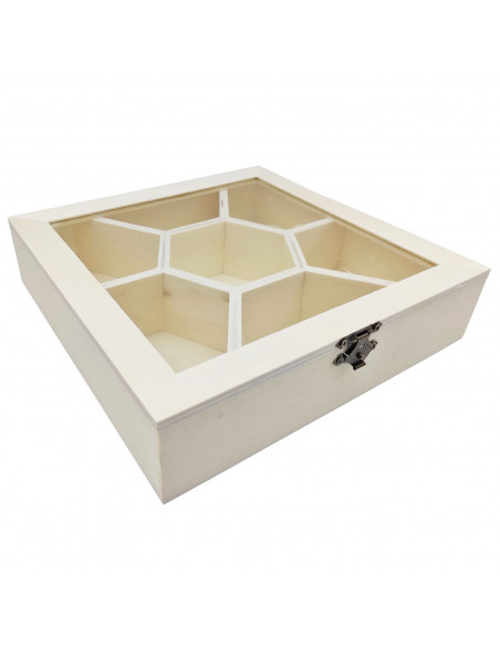 Tradineur - Caja de madera con 7 compartimentos y tapa con cristal, hexágono central, expositor de joyas, organizador, joyero, c Tradineur - Caja de madera con 7 compartimentos y tapa con cristal, hexágono central, expositor de joyas, organizador, joyero, c