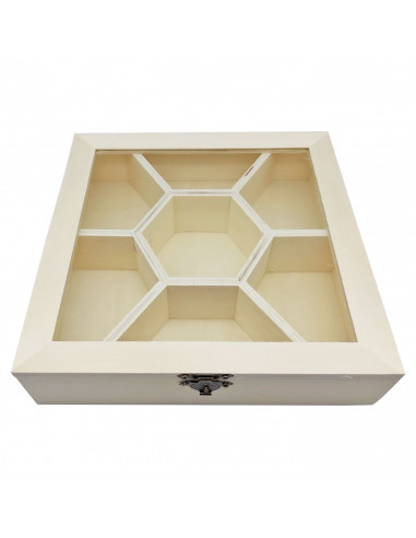 Tradineur - Caja de madera con 7 compartimentos y tapa con cristal, hexágono central, expositor de joyas, organizador, joyero, c
