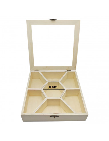 Tradineur - Caja de madera con 7 compartimentos y tapa con cristal, hexágono central, expositor de joyas, organizador, joyero, c
