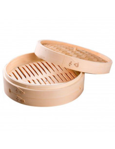 Tradineur - Vaporera de bambú, cesta de vapor con tapa para dim sum, arroz, verduras, carne, recipiente tradicional para cocción