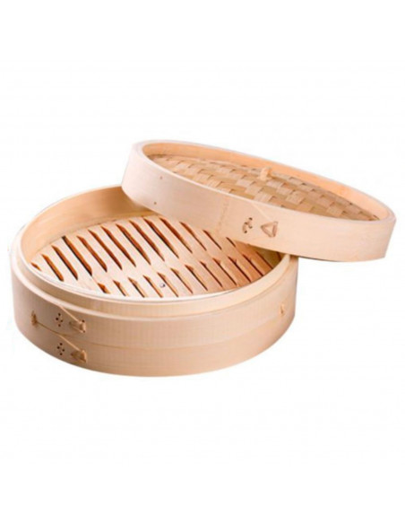 Tradineur - Vaporera de bambú, cesta de vapor con tapa para dim sum, arroz, verduras, carne, recipiente tradicional para cocción