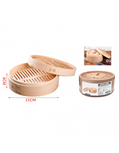 Tradineur - Vaporera de bambú, cesta de vapor con tapa para dim sum, arroz, verduras, carne, recipiente tradicional para cocción