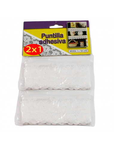 Tradineur - Pack de 2 cenefas adhesivas de vinilo, imitación de puntilla o ganchillo con bordados blancos, cubre estante, diseño