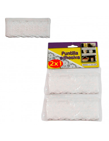 Tradineur - Pack de 2 cenefas adhesivas de vinilo, imitación de puntilla o ganchillo con bordados blancos, cubre estante, diseño