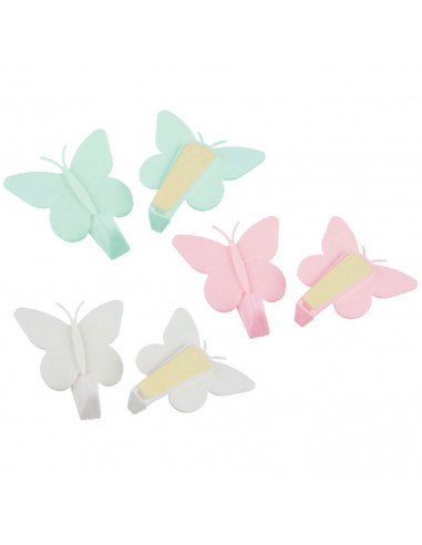 Tradineur - Pack de 2 ganchos adhesivos para pared, forma de mariposa, perchas de plástico, peso máximo 1,5 kg, aseo, cocina, 6,